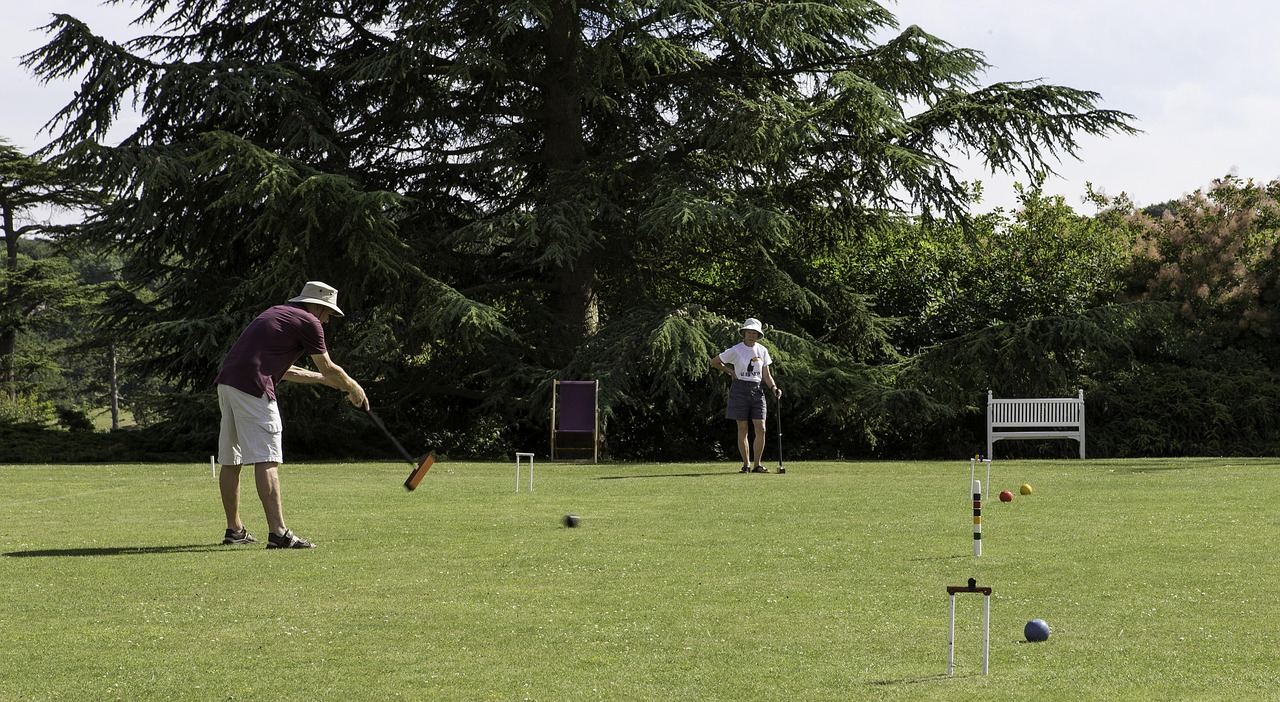 A game of croquet on a grass court
